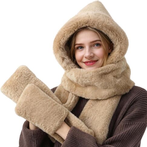 Hooded Scarf for women 3-in-1, Warm hood scarf with Pocket Mitts Winter Hat Scarfs Gloves Set for Women in Saudi Arabia
