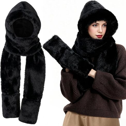 Hooded Scarf for women 3-in-1, Warm hood scarf with Pocket Mitts Winter Hat Scarfs Gloves Set for Women in Saudi Arabia