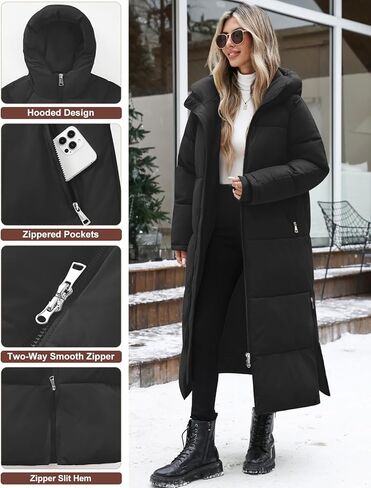 HEEKPEK Women Long Winter Coat Thickened Quilted Puffer Coats Hooded Full Length Padded Trendy Warm Outerwear with Hem Slit in Saudi Arabia