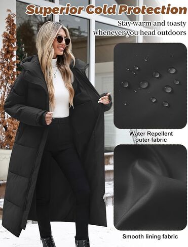 HEEKPEK Women Long Winter Coat Thickened Quilted Puffer Coats Hooded Full Length Padded Trendy Warm Outerwear with Hem Slit in Saudi Arabia