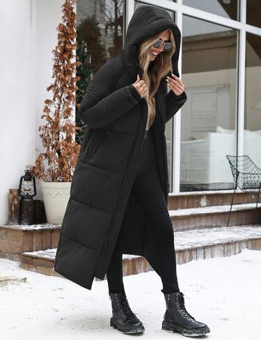 HEEKPEK Women Long Winter Coat Thickened Quilted Puffer Coats Hooded Full Length Padded Trendy Warm Outerwear with Hem Slit in Saudi Arabia