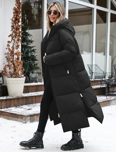 HEEKPEK Women Long Winter Coat Thickened Quilted Puffer Coats Hooded Full Length Padded Trendy Warm Outerwear with Hem Slit in Saudi Arabia