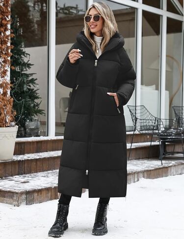 HEEKPEK Women Long Winter Coat Thickened Quilted Puffer Coats Hooded Full Length Padded Trendy Warm Outerwear with Hem Slit in Saudi Arabia