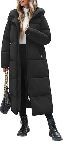 Womens Long Winter Puffer Coat Quilted Jackets Warm Hooded Coat Maxi Length Parka Down Thick Outerwear Side Zip Slit in Saudi Arabia