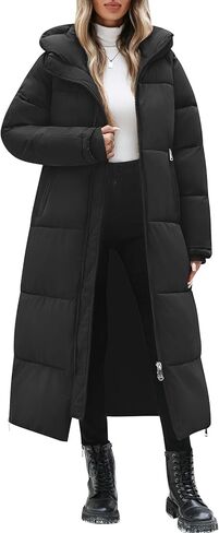 Womens Long Winter Puffer Coat Quilted Jackets Warm Hooded Coat Maxi Length Parka Down Thick Outerwear Side Zip Slit in Saudi Arabia