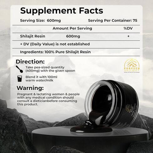 شيلاجيت راتنج الهيمالايا العضوي النقي 600 مجم مع 75%+ حمض الفولفيك، 85+ أثر من المعادن من جبال الهيمالايا على ارتفاع 18,000 قدم - الطاقة الطبيعية والقدرة على التحمل ودعم العضلات للرجال والنساء، تم اختباره معمليًا 30 جم in Kuwait