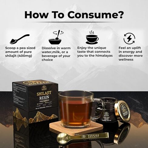 شيلاجيت راتنج الهيمالايا العضوي النقي 600 مجم مع 75%+ حمض الفولفيك، 85+ أثر من المعادن من جبال الهيمالايا على ارتفاع 18,000 قدم - الطاقة الطبيعية والقدرة على التحمل ودعم العضلات للرجال والنساء، تم اختباره معمليًا 30 جم in Kuwait