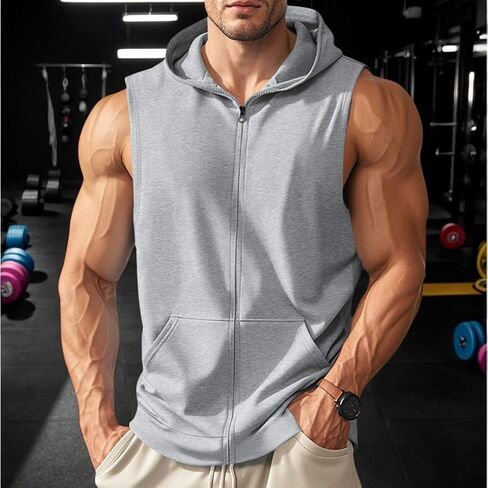 Men's Workout Hooded Tank Tops Zip Up Sleeveless Shirts Muscle Workout Gym Casual Tees in Saudi Arabia