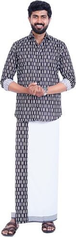 Compatible PRAKASAM Cotton Mens Colour Onam Special Printed Full Sleeve Slim Fit Multi Colour Shirt Matching with Border Single Dhoties for Mens in Saudi Arabia