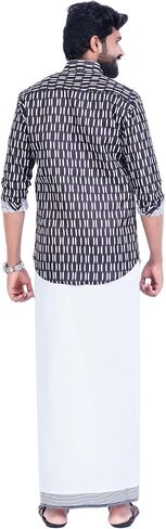 Compatible PRAKASAM Cotton Mens Colour Onam Special Printed Full Sleeve Slim Fit Multi Colour Shirt Matching with Border Single Dhoties for Mens in Saudi Arabia