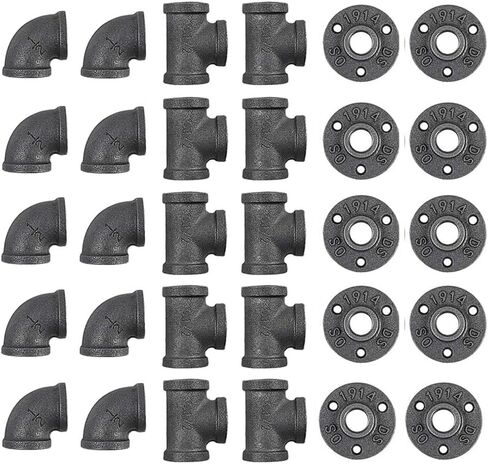 60 Pack 3/4 Inch Cast Iron Pipe Fittings (20 Elbows, 20 Tees, 20Flange), Industrial Pipe for Threaded Black Pipes and Fittings, DIY Steampunk Industrial Vintage Style. in Kuwait