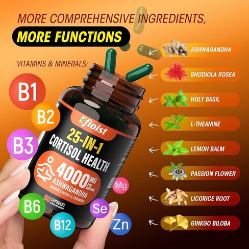 مكمل الكورتيزول للنساء، مخفض الكورتيزول 25 في 1، مدير الكورتيزول، أشواغاندا للنساء والرجال، مكمل الكورتيزول مع الروديولا الوردية، إل-ثيانين، للمزاج، التركيز، دعم النوم، 90 كبسولة in Kuwait