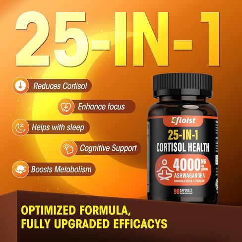 مكمل الكورتيزول للنساء، مخفض الكورتيزول 25 في 1، مدير الكورتيزول، أشواغاندا للنساء والرجال، مكمل الكورتيزول مع الروديولا الوردية، إل-ثيانين، للمزاج، التركيز، دعم النوم، 90 كبسولة in Kuwait