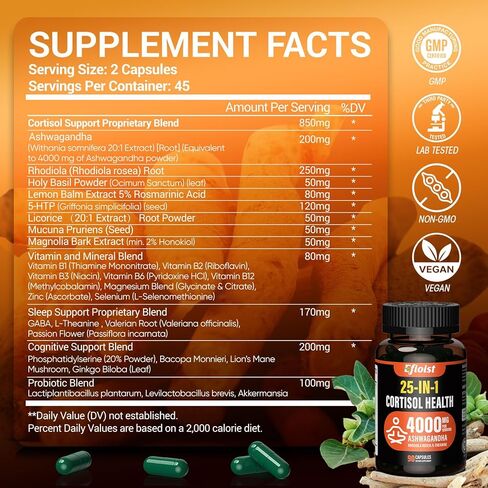مكمل الكورتيزول للنساء، مخفض الكورتيزول 25 في 1، مدير الكورتيزول، أشواغاندا للنساء والرجال، مكمل الكورتيزول مع الروديولا الوردية، إل-ثيانين، للمزاج، التركيز، دعم النوم، 90 كبسولة in Kuwait