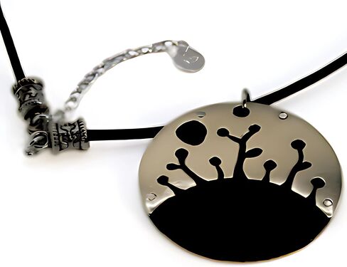 Night Forest Necklace Medallion German Silver Artfully Assembled Polished Dark Burnished Hue Adjustable Leather Collar Handmade Gift for Women and Men in Kuwait