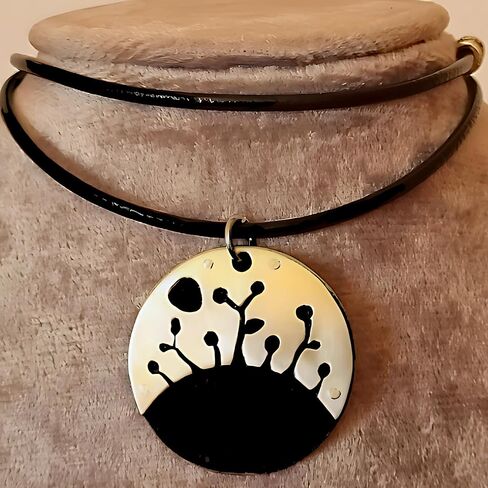 Night Forest Necklace Medallion German Silver Artfully Assembled Polished Dark Burnished Hue Adjustable Leather Collar Handmade Gift for Women and Men in Kuwait
