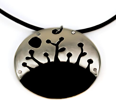 Night Forest Necklace Medallion German Silver Artfully Assembled Polished Dark Burnished Hue Adjustable Leather Collar Handmade Gift for Women and Men in Kuwait
