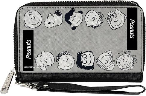 Buckle-Down Peanuts Wallet, Zip Around, Peanuts Gang Ten Character Faces Gray Black White, Vegan Leather in Saudi Arabia