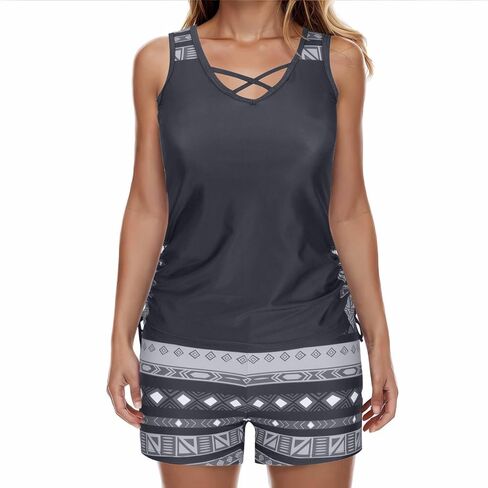 Womens Two Piece Swimsuits Modest Tankini Bathing Suit Striped Print Blouson Tank Tops Tummy Control Boyshorts in Saudi Arabia
