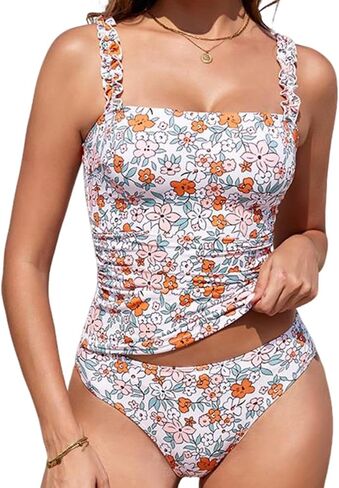 Tankini Swimsuits for Women Swimwear Ruffle Square Neck High Waisted Tummy Control Two Piece Swimsuit Vintage Bathing Suit in Saudi Arabia