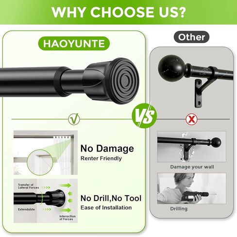 No Drill Curtain Rods Black Tension Rod 28 to 48 Inch, Adjustable Spring Tension Rod Curtain Rods No Drilling Curtains Rod for Window, Kitchen, Closet, Doorway in Saudi Arabia