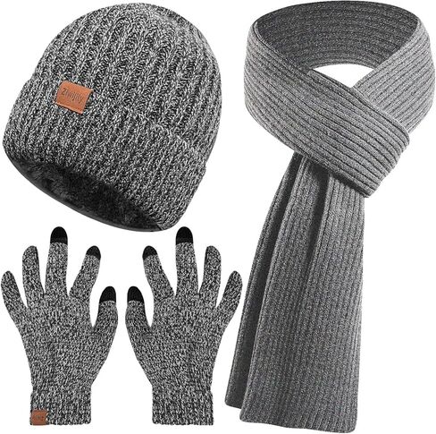 Winter Beanie Hat Scarf Gloves Set for Men & Women, 3PCS Knitted Warm Long Fleece Scarf with Touchscreen Gloves for Christmas in Saudi Arabia