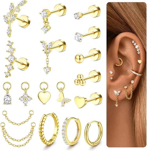 LOLIAS 20G Hypoallergenic Cartilage Earrings for Women Surgical Steel Flat Back Earrings Gold Stud Hoops With CZ Dangle Chain Cartilage Earring Stacks Daith Conch Tragus Helix Piercing Jewelry in Saudi Arabia