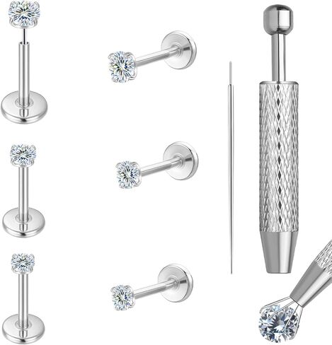 VOJO 3 Pairs Moissanite & Titanium Flat back Earrings, 20G Threadless Labret Stud for Women, Tragus Cartilage Nose Piercing Jewelry, Hypoallergenic Body Earrings in Kuwait