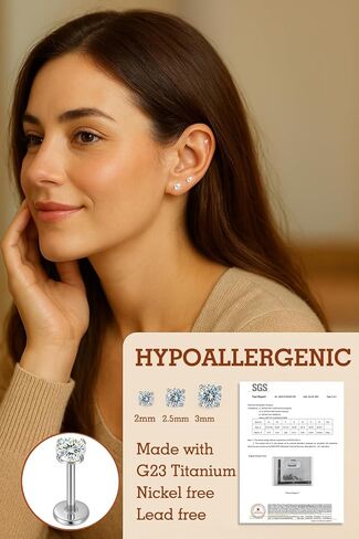 VOJO 3 Pairs Moissanite & Titanium Flat back Earrings, 20G Threadless Labret Stud for Women, Tragus Cartilage Nose Piercing Jewelry, Hypoallergenic Body Earrings in Kuwait