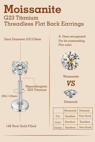 VOJO 3 Pairs Moissanite & Titanium Flat back Earrings, 20G Threadless Labret Stud for Women, Tragus Cartilage Nose Piercing Jewelry, Hypoallergenic Body Earrings in Kuwait