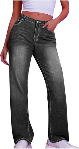 Jeans for Women Straight Wide Leg Jeans High Waisted Loose Stretchy Baggy Jean Fall Casual Denim Pants with Pocket in Saudi Arabia