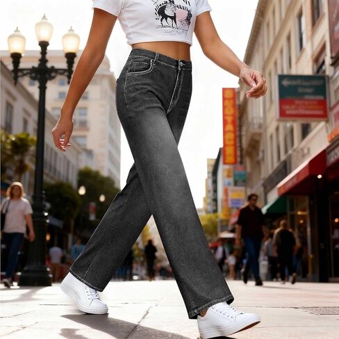 Jeans for Women Straight Wide Leg Jeans High Waisted Loose Stretchy Baggy Jean Fall Casual Denim Pants with Pocket in Saudi Arabia