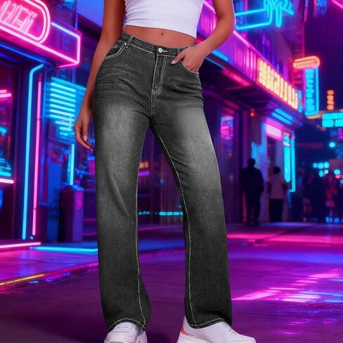 Jeans for Women Straight Wide Leg Jeans High Waisted Loose Stretchy Baggy Jean Fall Casual Denim Pants with Pocket in Saudi Arabia