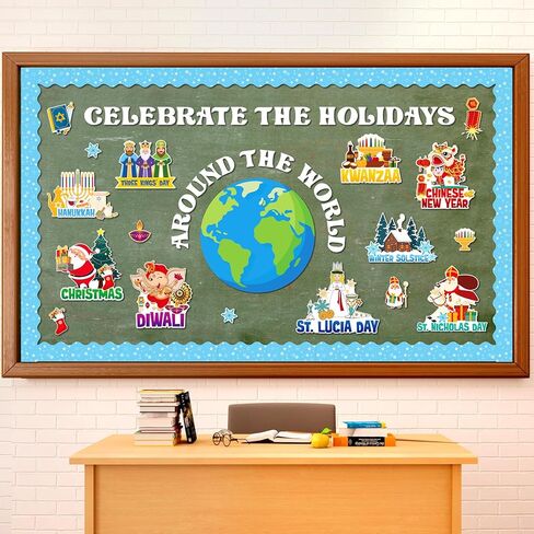 68pcs Winter Bulletin Board Decorations Set Holidays Around The World Posters with Christmas Chinese New Year Hanukkah Diwali St Lucia Kwanzaa Solstice St Nicholas for School Home Wall Decor in Kuwait