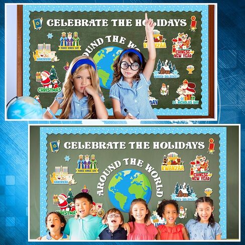 68pcs Winter Bulletin Board Decorations Set Holidays Around The World Posters with Christmas Chinese New Year Hanukkah Diwali St Lucia Kwanzaa Solstice St Nicholas for School Home Wall Decor in Kuwait