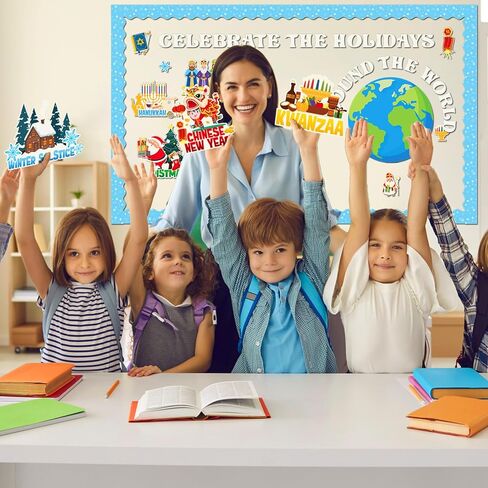 68pcs Winter Bulletin Board Decorations Set Holidays Around The World Posters with Christmas Chinese New Year Hanukkah Diwali St Lucia Kwanzaa Solstice St Nicholas for School Home Wall Decor in Kuwait