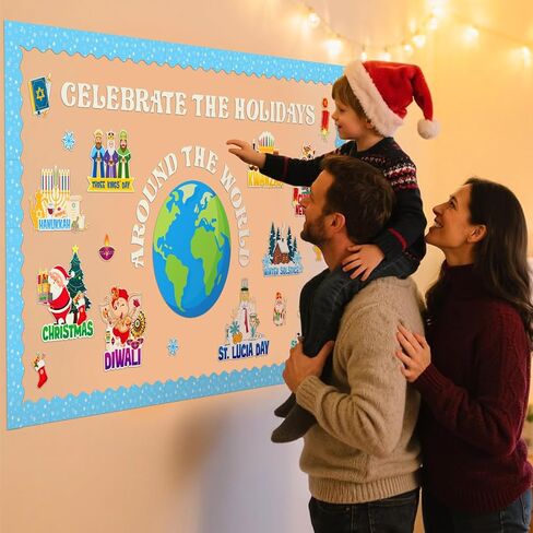 68pcs Winter Bulletin Board Decorations Set Holidays Around The World Posters with Christmas Chinese New Year Hanukkah Diwali St Lucia Kwanzaa Solstice St Nicholas for School Home Wall Decor in Kuwait
