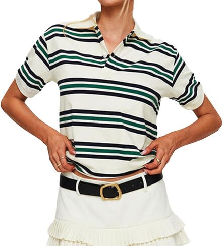 المرأة Y2K الرجبي قميص بولو 00S الجرونج بياقة زر الخامس الرقبة قصيرة الأكمام مخطط Preppy البلوز القمم الشارع الشهير in Kuwait