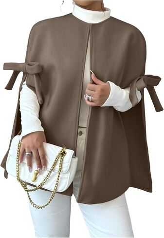 MakeMeChic Women's Poncho Cape Coat Bow Knot Crew Neck Open Front Jacket Outerwear in Saudi Arabia
