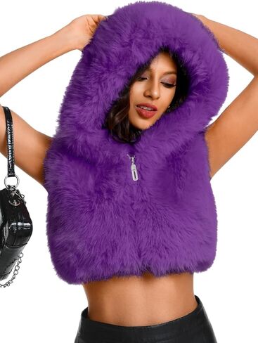 Cropped Fur Coat,Zip Up Hooded Furry Vest Women,Fluffy Jacket Rave Concert Night Club in Saudi Arabia