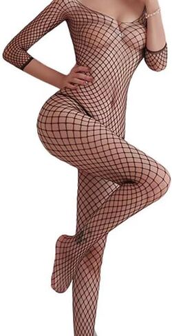 Women's Sexy Mesh One-piece Stockings, fishnet bodysuit for women, Fishnet Long Sleeve Onesie Onesie, Romantic Dating Lingerie Pajamas (Black) in Saudi Arabia