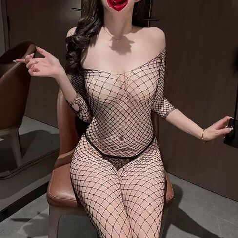 Women's Sexy Mesh One-piece Stockings, fishnet bodysuit for women, Fishnet Long Sleeve Onesie Onesie, Romantic Dating Lingerie Pajamas (Black) in Saudi Arabia