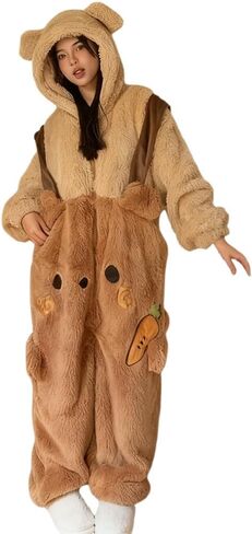 Nightgown Soft Coral Fleece Carrot Bear Onesie,Hooded Long Sleeve Pajamas with Pocket,Cozy Loungewear for Women in Saudi Arabia