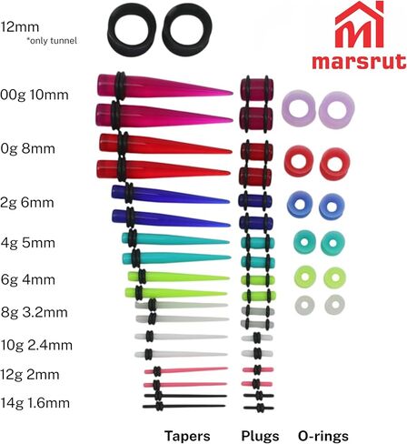 50pcs Ear Stretching Kit, Ear Gauges, Acrylic Plugs, Tapers, Round Silicone Tunnels for Women Men, 14G-00G Earring Expander, Starter Lightweight Body Piercing Jewelry Gauging Set (Random Size & Color) in Saudi Arabia