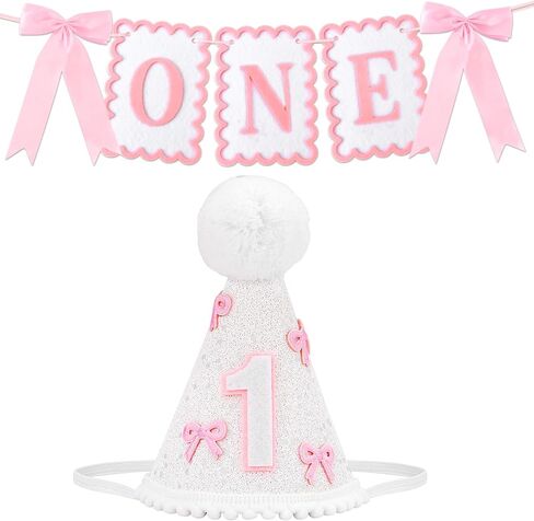 1st Birthday Hat and Bow Highchair Banner for Girls' One Year Old Birthday Party Decorations, First Crown Pink and White One Banner for 1st Girls' Outfit Party Decor Photo Props in Saudi Arabia