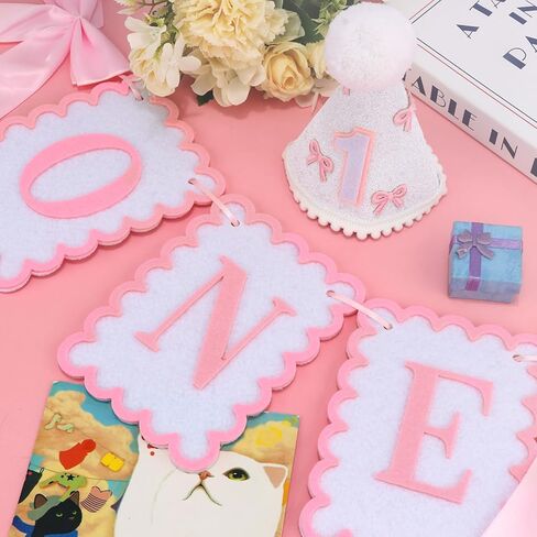 1st Birthday Hat and Bow Highchair Banner for Girls' One Year Old Birthday Party Decorations, First Crown Pink and White One Banner for 1st Girls' Outfit Party Decor Photo Props in Saudi Arabia