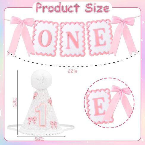 1st Birthday Hat and Bow Highchair Banner for Girls' One Year Old Birthday Party Decorations, First Crown Pink and White One Banner for 1st Girls' Outfit Party Decor Photo Props in Saudi Arabia