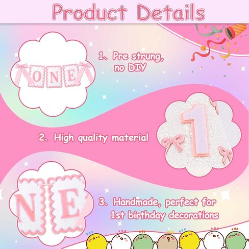 1st Birthday Hat and Bow Highchair Banner for Girls' One Year Old Birthday Party Decorations, First Crown Pink and White One Banner for 1st Girls' Outfit Party Decor Photo Props in Saudi Arabia