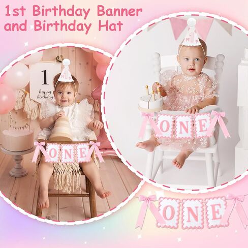 1st Birthday Hat and Bow Highchair Banner for Girls' One Year Old Birthday Party Decorations, First Crown Pink and White One Banner for 1st Girls' Outfit Party Decor Photo Props in Saudi Arabia