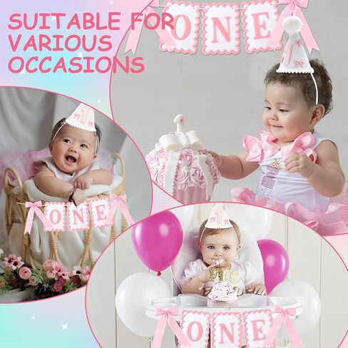 1st Birthday Hat and Bow Highchair Banner for Girls' One Year Old Birthday Party Decorations, First Crown Pink and White One Banner for 1st Girls' Outfit Party Decor Photo Props in Saudi Arabia